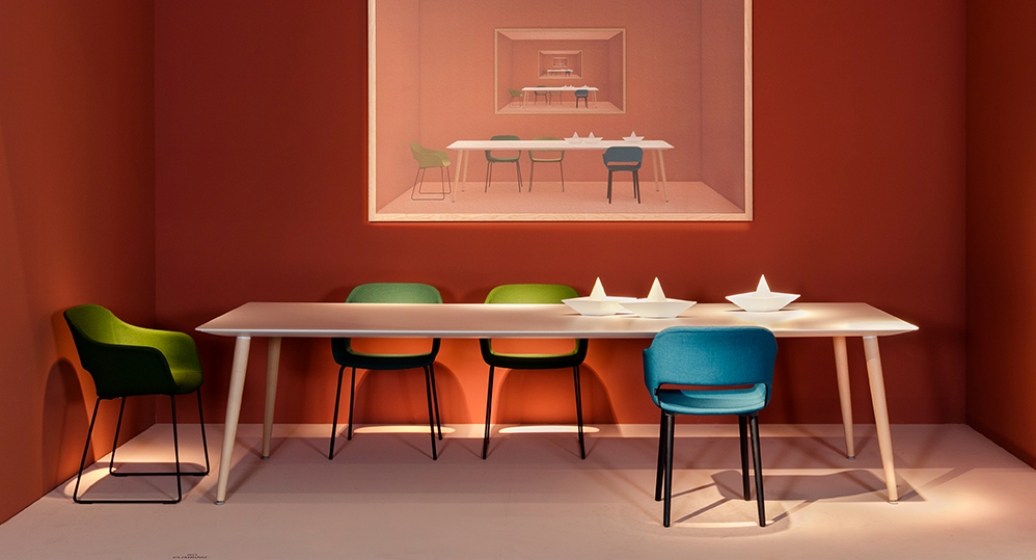 Table design bois 4 pieds Babila Pedrali frene Plateau Fenix bois multiplis plateau design marbre 
