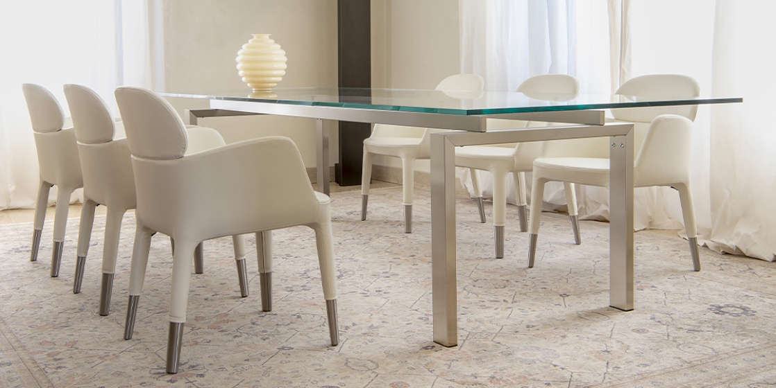 Table 4 pieds Magic Pedrali acier satiné inox verre rectangulaire 