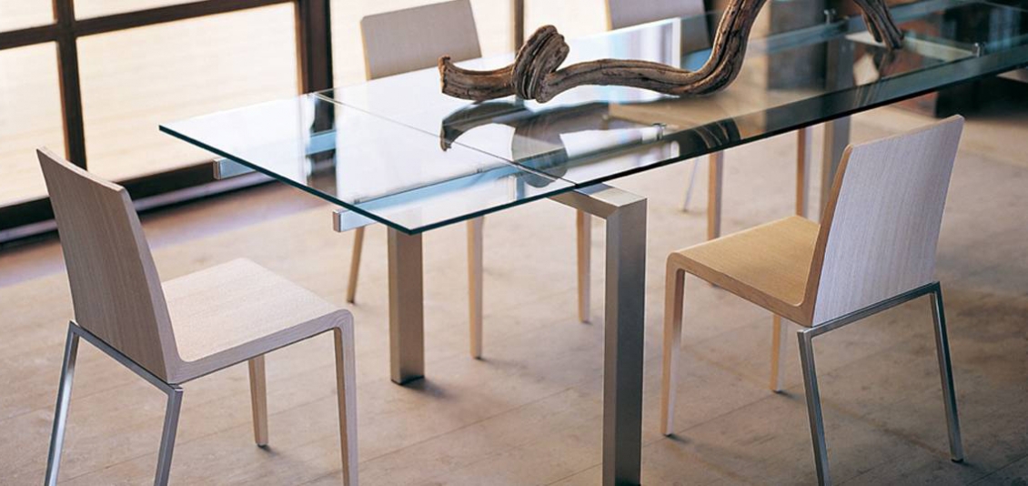 Table 4 pieds Magic Pedrali acier satiné inox verre rectangulaire 