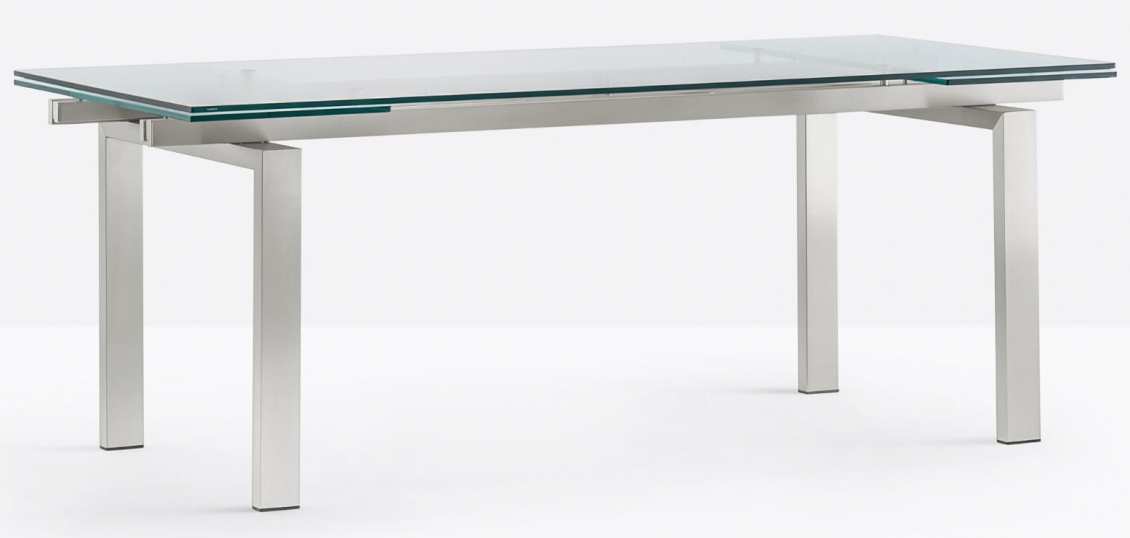 Table 4 pieds Magic Pedrali acier satiné inox verre rectangulaire 