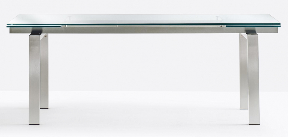 Table 4 pieds Magic Pedrali acier satiné inox verre rectangulaire 