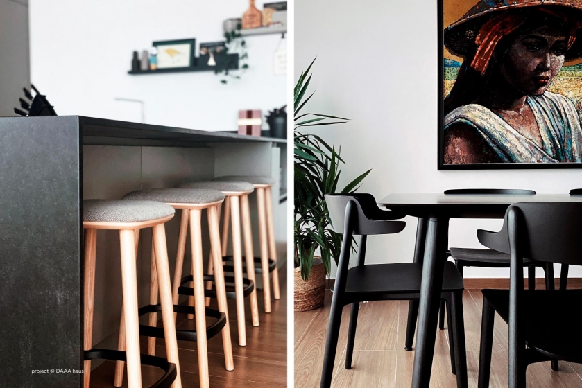 Table design bois 4 pieds Babila Pedrali frene Plateau Fenix bois multiplis plateau design marbre 