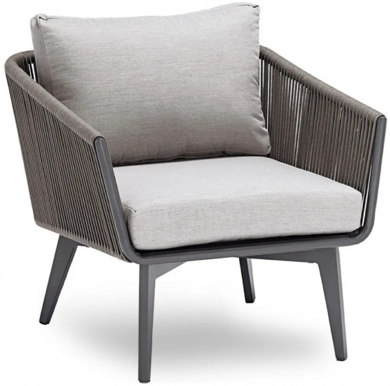 Fauteuil lounge, Diva, Dossier: corde; Structure: aluminium laqué peint; Assise: coussin garni;