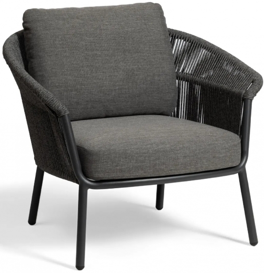 Fauteuil lounge, Lake, Dossier: corde; Fonction: empilable; Structure: aluminium laqué peint; Assise: coussin garni;