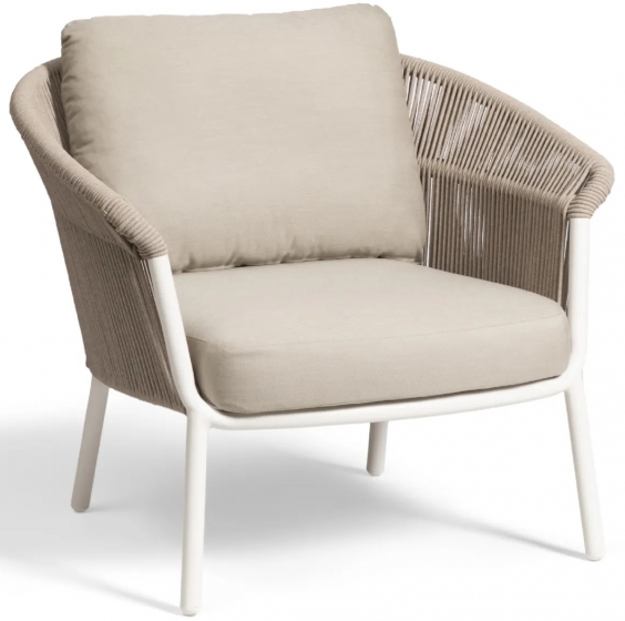 Fauteuil lounge, Lake, Dossier: corde; Fonction: empilable; Structure: aluminium laqué peint; Assise: coussin garni;