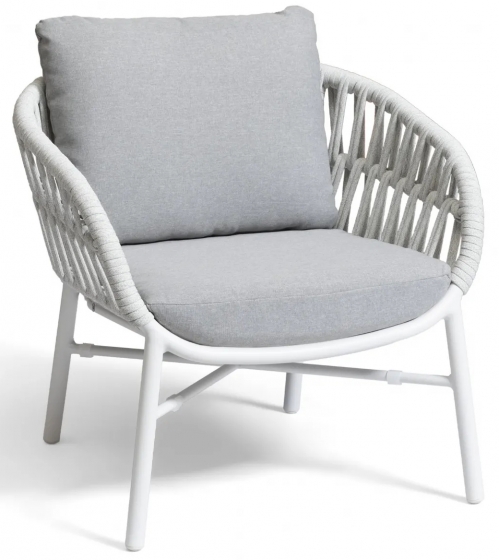 Fauteuil lounge, Manila, Dossier: corde; Fonction: empilable; Structure: aluminium laqué peint; Assise: coussin garni;