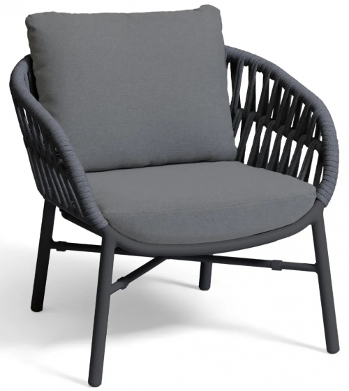 Fauteuil lounge, Manila, Dossier: corde; Fonction: empilable; Structure: aluminium laqué peint; Assise: coussin garni;