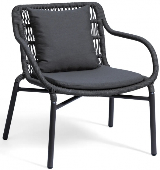 Fauteuil lounge, Leaf, Dossier: corde; Fonction: empilable x 4; Structure: aluminium laqué peint; Assise: coussin garni;