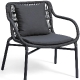 Fauteuil lounge, Leaf, Dossier: corde; Fonction: empilable x 4; Structure: aluminium laqué peint; Assise: coussin garni;