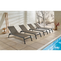 Bain de soleil, Malindi, Dossier: toile textylene lavable; Fonction: empilable x 12; Structure: aluminium laqué peint; Assise: t