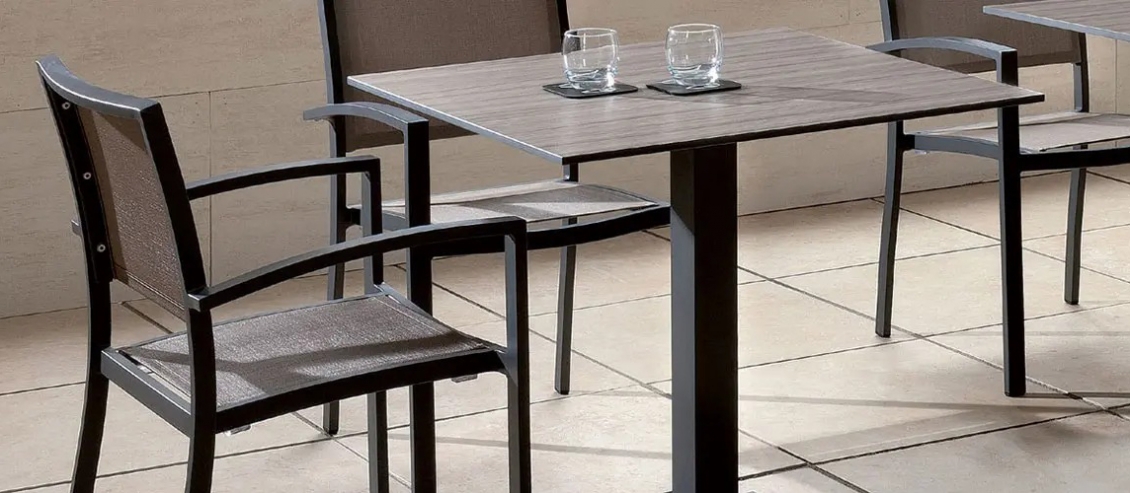  Fauteuil Bridge Méditerranée alu et en toile pour terrasse de restaurant ou buvette empilable noir taupe ou blanc 